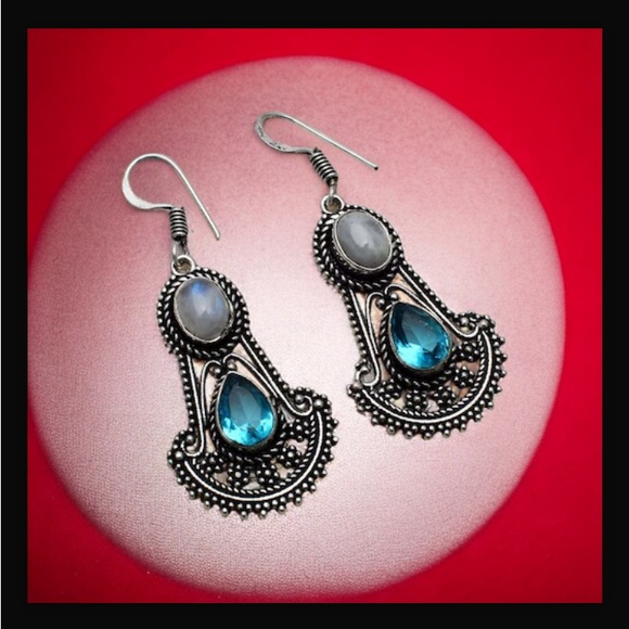 Handcrafted Jewelry - Rainbow Moonstone & Blue Topaz Drop Dangle Hook Style Earrings 2" L New With Tag